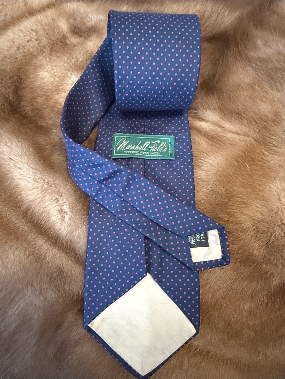 Vintage Marshall Fields All Silk Men's Navy Tie with Pink Dot Pattern - Picture 3 of 5